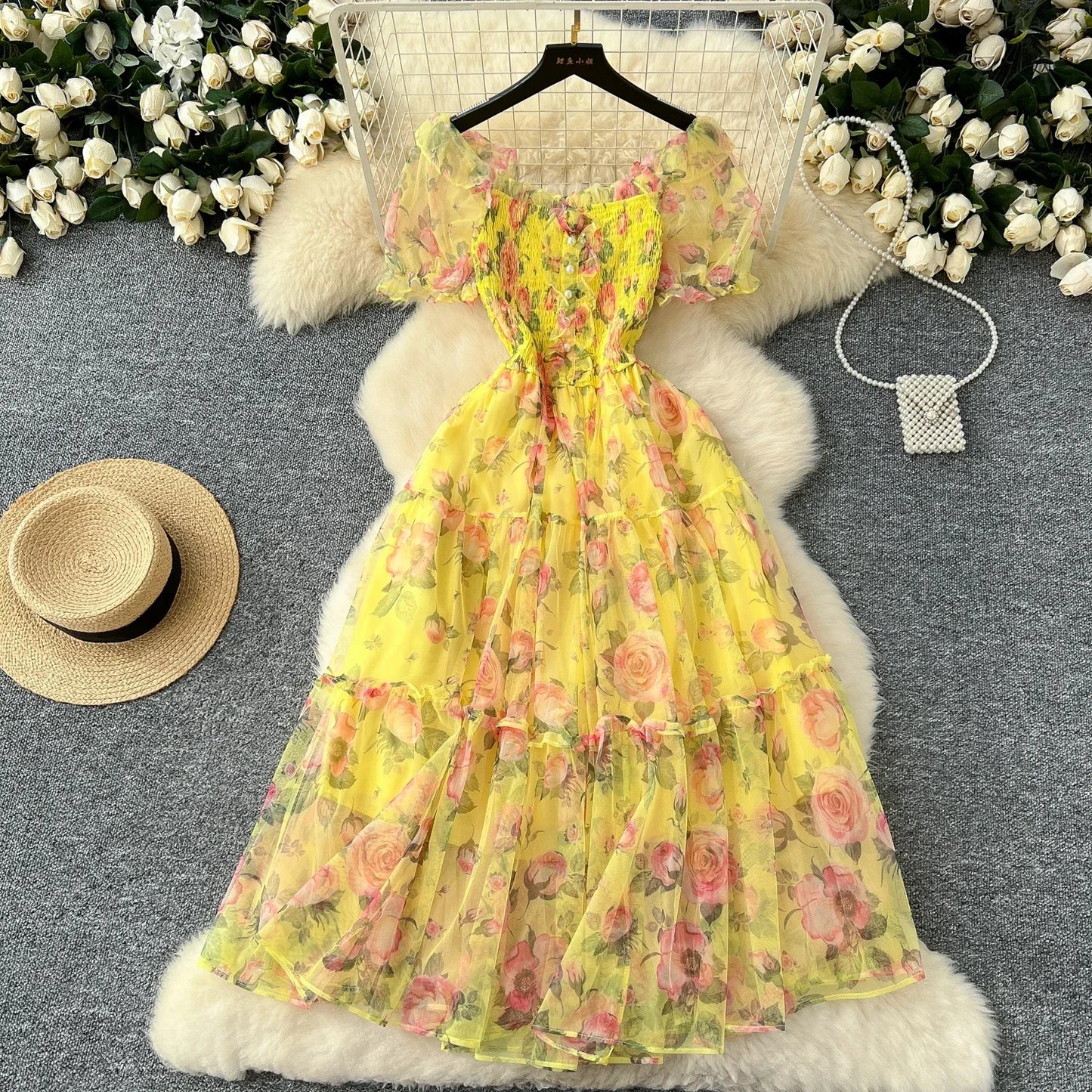 Elegant French Vintage Short Puff Sleeve Chiffon Dresses