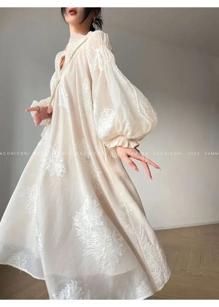 French Elegant Lantern Sleeve Embroidery Midi Dress