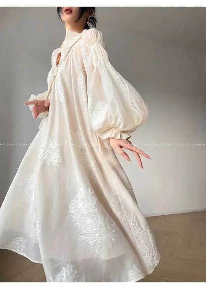 French Elegant Lantern Sleeve Embroidery Midi Dress
