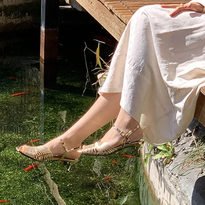 Summer Gold Open Toe Flats with Low Heel