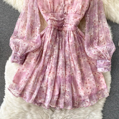 Vintage Floral Print Pleated Chiffon Puff Sleeve Dress