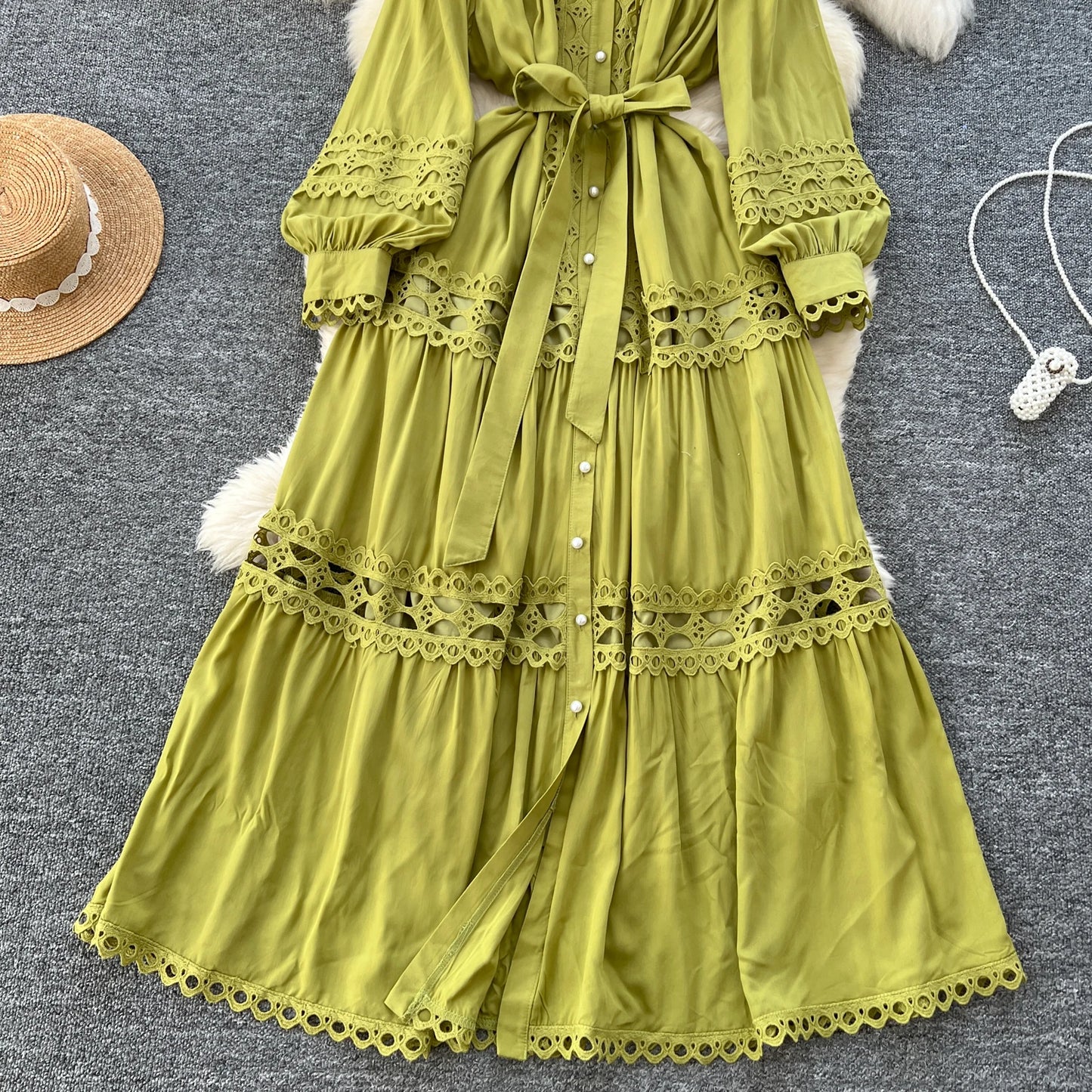 Elegant Hollow Out Hook Flower Lantern Sleeves Dresses