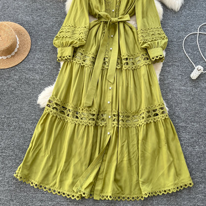 Elegant Hollow Out Hook Flower Lantern Sleeves Dresses