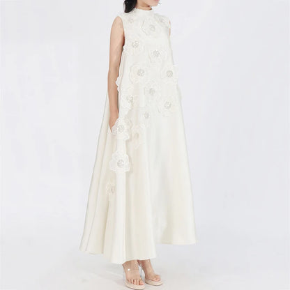 3D Floral Embroidered Flared Sleeveless Designer Dress