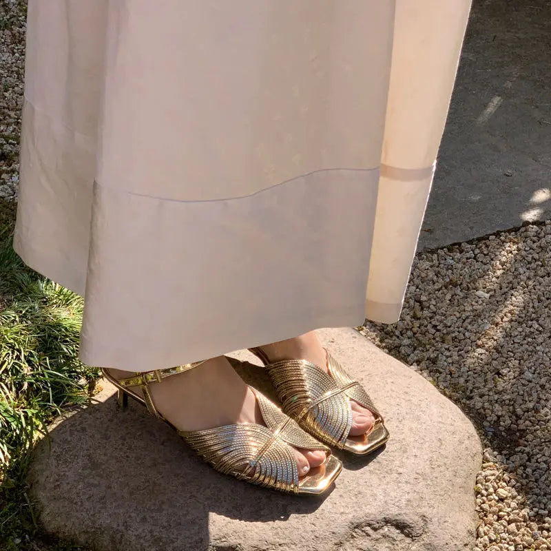 Summer Gold Open Toe Flats with Low Heel