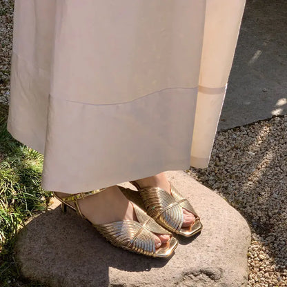 Summer Gold Open Toe Flats with Low Heel