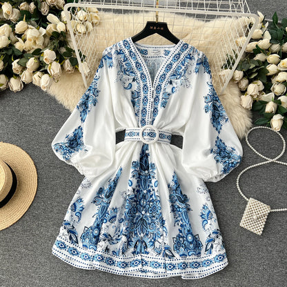 Vintage Print Elegant Lantern Long Sleeve Dress