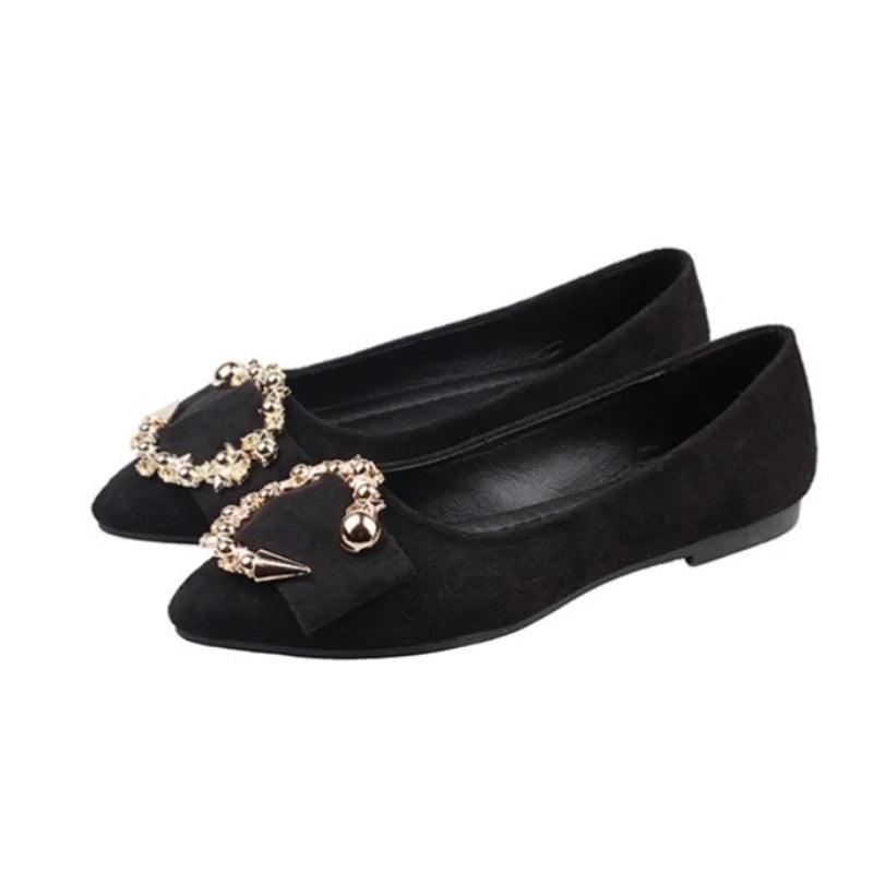 Soft flock material of black Bow Tie Flock Flat Shoes.