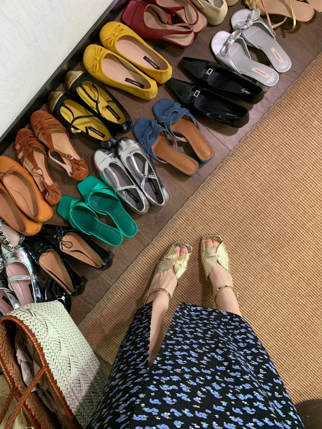 Summer Gold Open Toe Flats with Low Heel