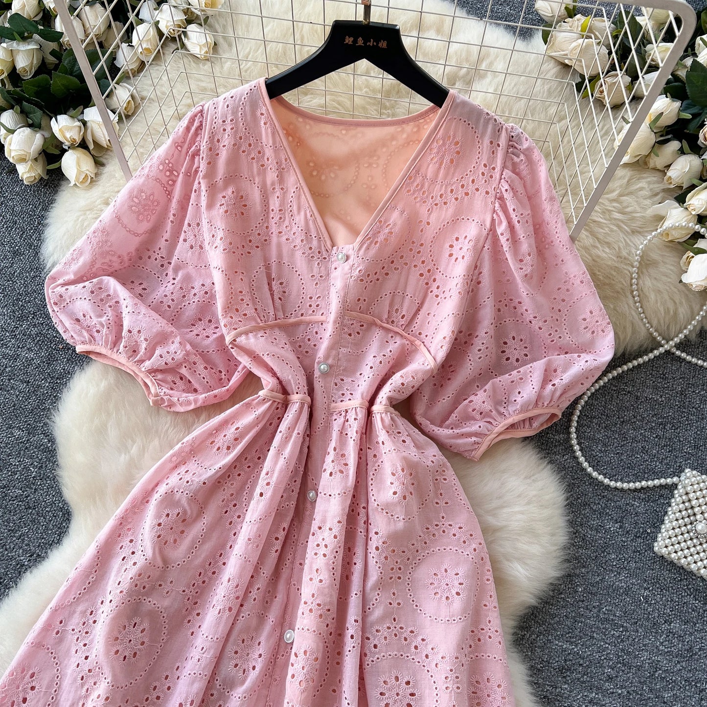 Elegant French Embroidered Vintage Pink Dress