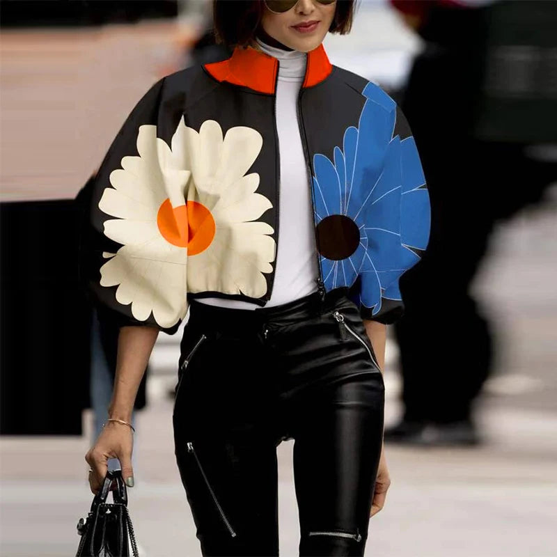 Turtleneck Short Jacket Stylish Flower Print Zipper Jackets