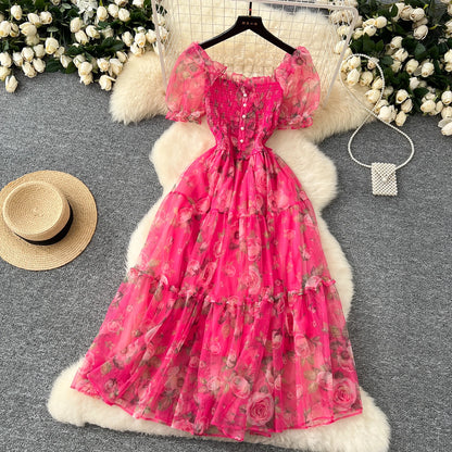 Elegant French Vintage Short Puff Sleeve Chiffon Dresses