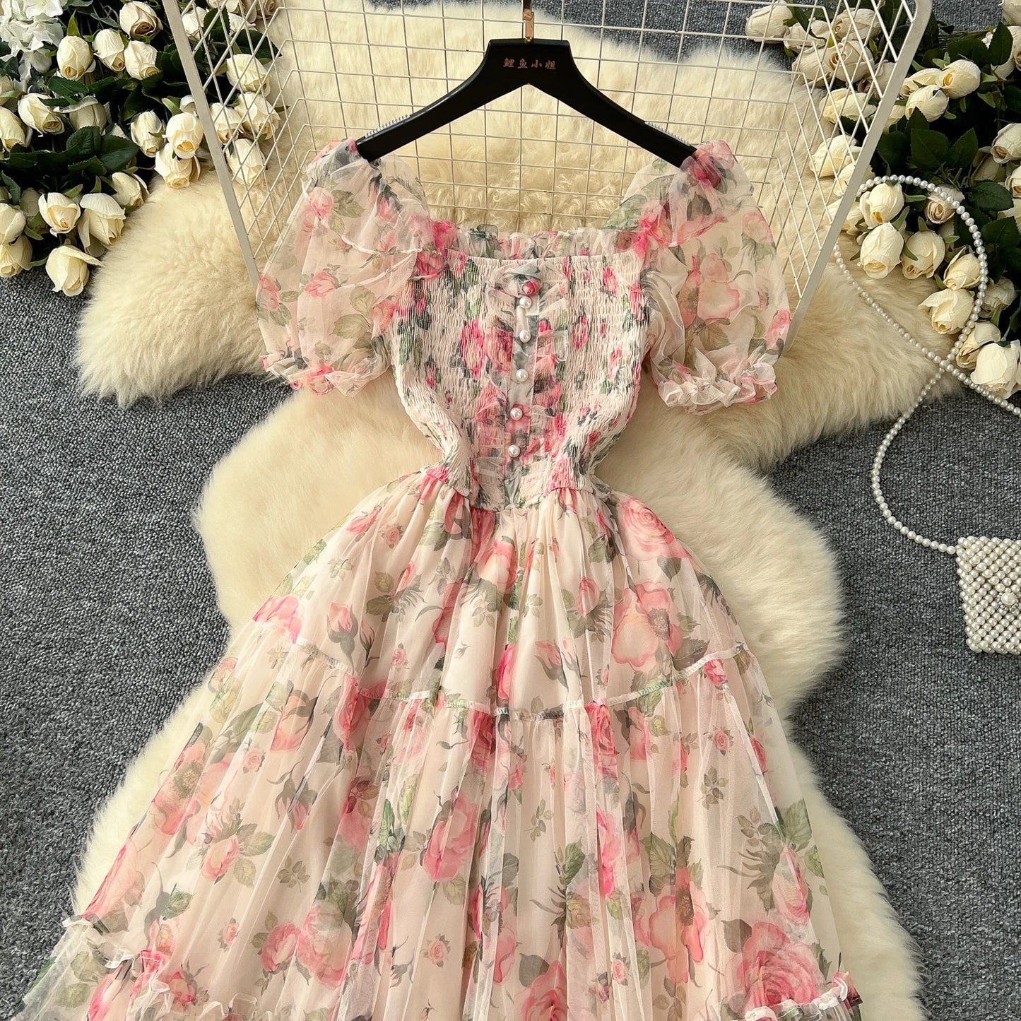 Elegant French Vintage Short Puff Sleeve Chiffon Dresses