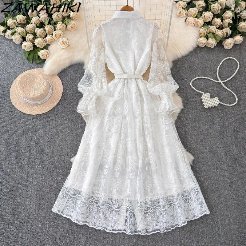 Pleated Lace Vintage White Dress with Ruffles