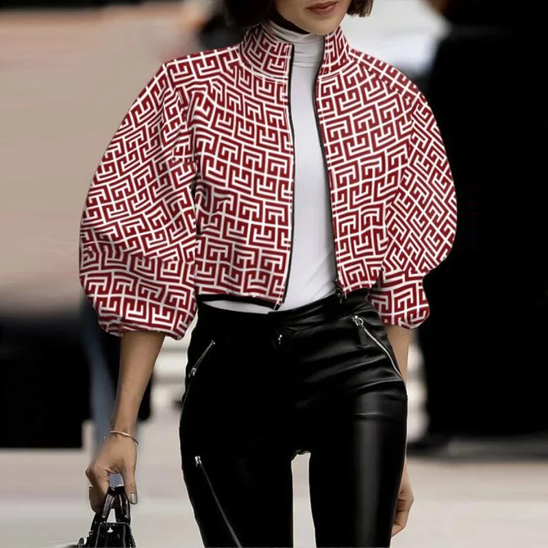 Turtleneck Short Jacket Stylish Flower Print Zipper Jackets