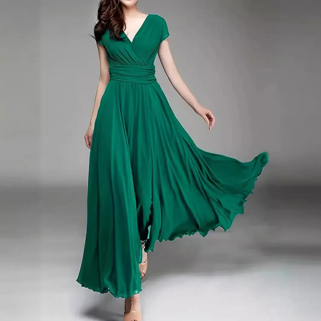 Flattering fit of the Short-Sleeved Chiffon Evening Dress.
