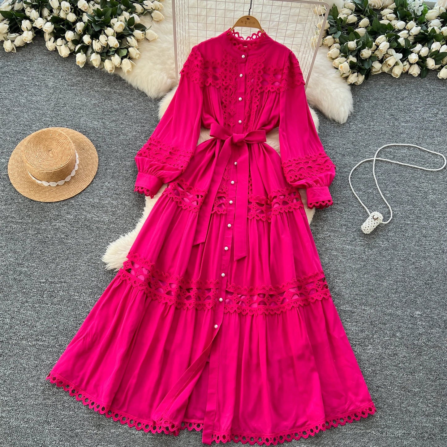 Elegant Hollow Out Hook Flower Lantern Sleeves Dresses