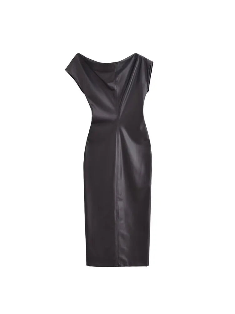 Close-up of faux leather draped dress neckline.
