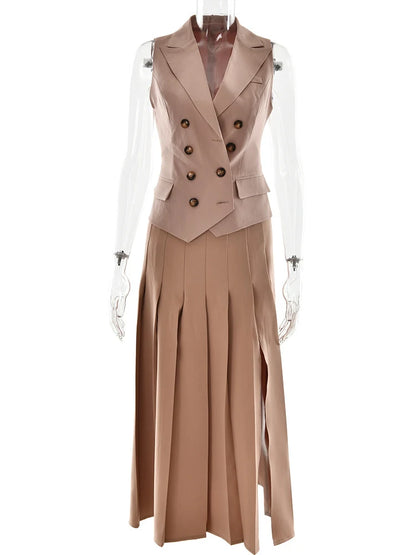 Absobe Elegant Blazer Pleated Long Skirt styled with a casual sweater