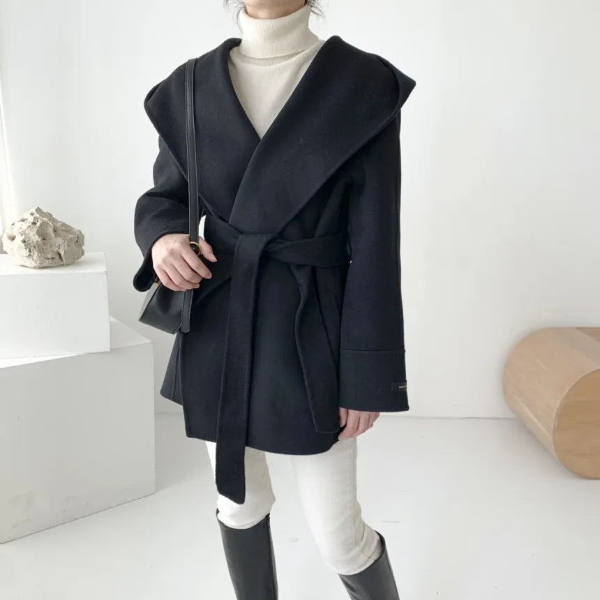 Korean Elegant Autumn Wool Jacket worn during an evening event.