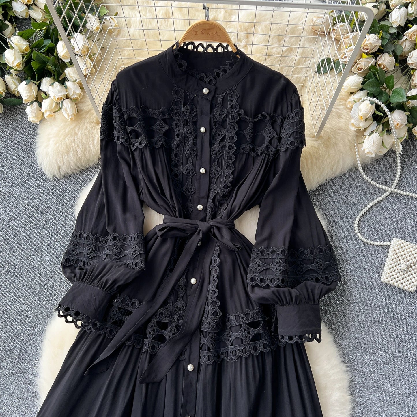 Elegant Hollow Out Hook Flower Lantern Sleeves Dresses