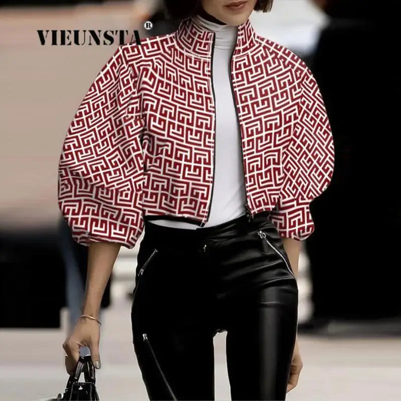 Turtleneck Short Jacket Stylish Flower Print Zipper Jackets