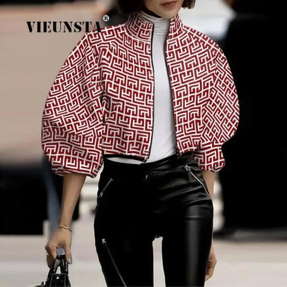 Turtleneck Short Jacket Stylish Flower Print Zipper Jackets