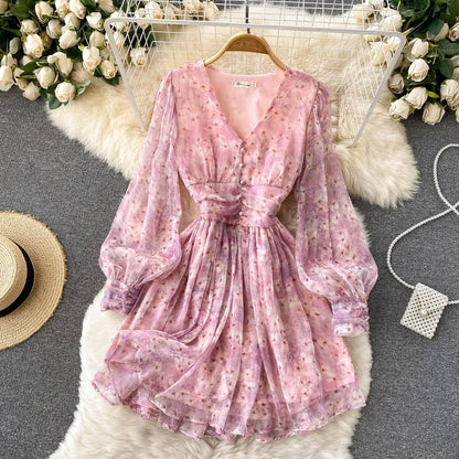 Vintage Floral Print Pleated Chiffon Puff Sleeve Dress