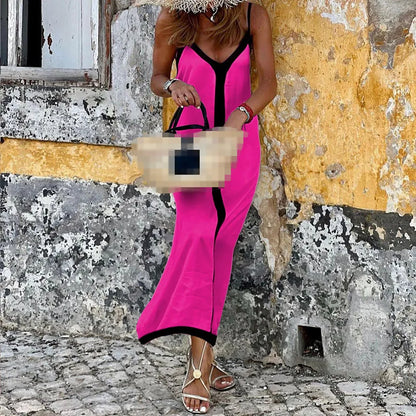 Model wearing V-Neck Color Blocked Vacation Dress outdoors
