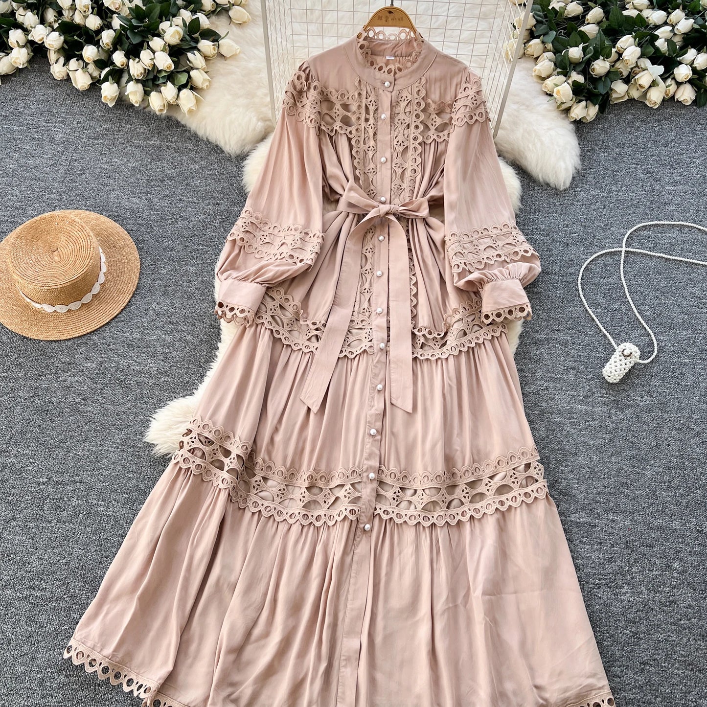 Elegant Hollow Out Hook Flower Lantern Sleeves Dresses