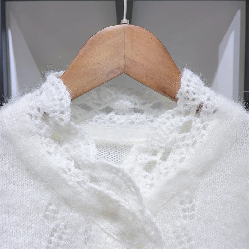 Front view of Single-Breasted Petal Trim Hollow blouse
