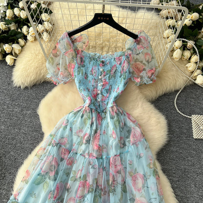 Elegant French Vintage Short Puff Sleeve Chiffon Dresses