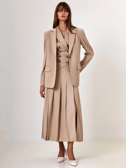 Side view of the Absobe Elegant Blazer Pleated Long Skirt with heels.