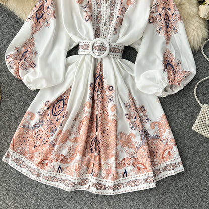 Vintage Print Elegant Lantern Long Sleeve Dress