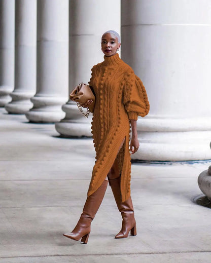 Close-up of knitted texture of turtleneck dress
