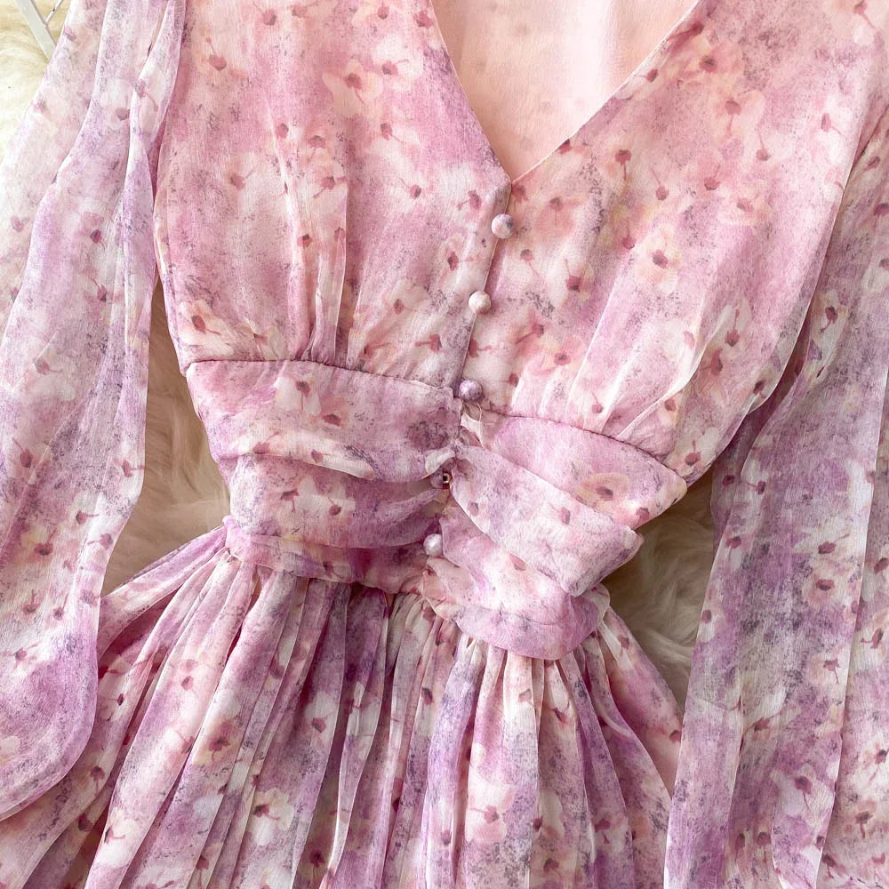 Vintage Floral Print Pleated Chiffon Puff Sleeve Dress