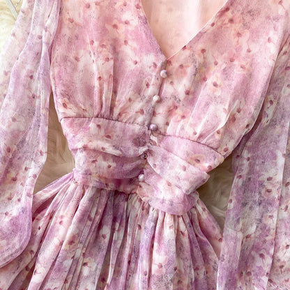 Vintage Floral Print Pleated Chiffon Puff Sleeve Dress