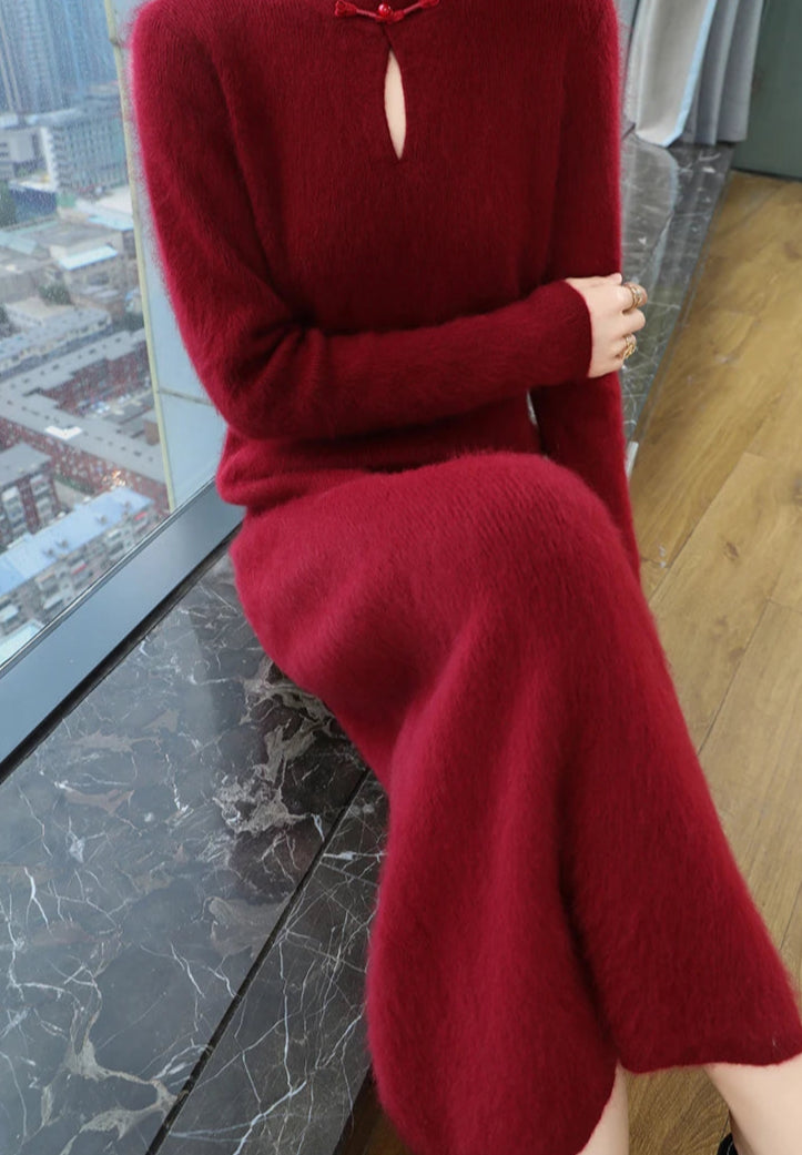 Rich, warm 100% mink cashmere maxi dress perfect for fall.
