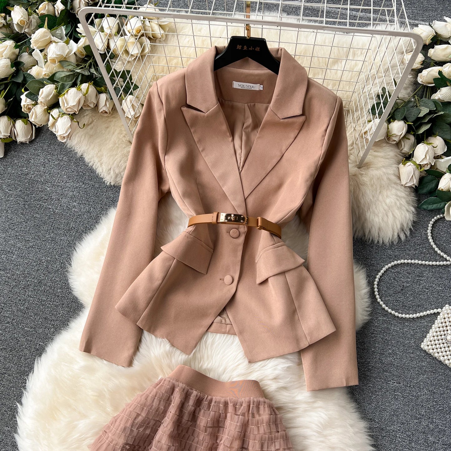 Vintage Blazer & Layered Skirt Two Piece Suit