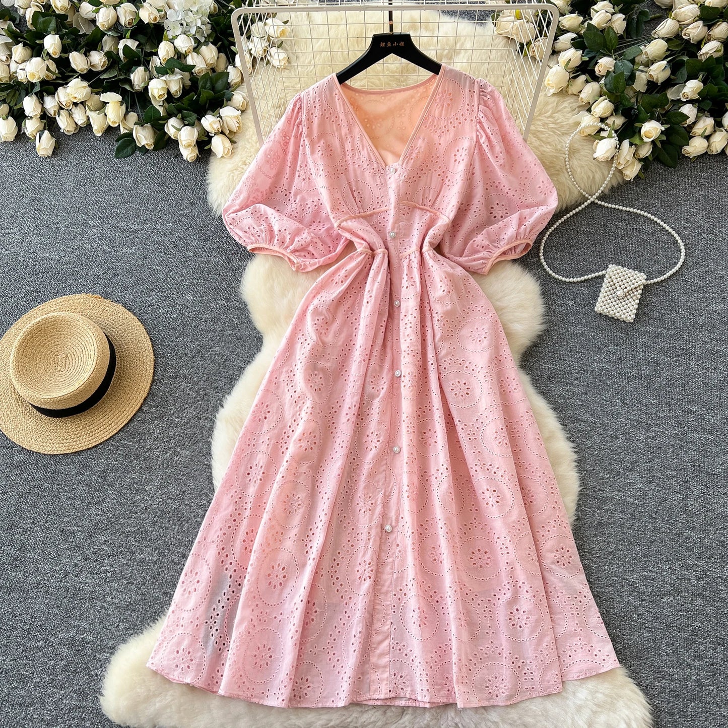 Elegant French Embroidered Vintage Pink Dress