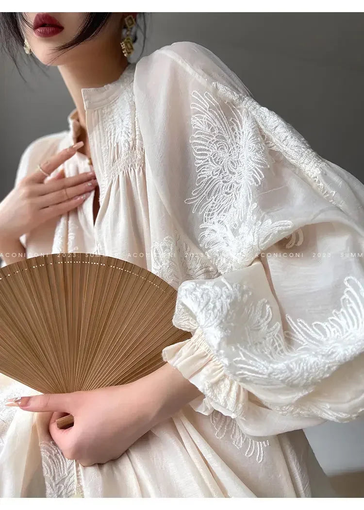 French Elegant Lantern Sleeve Embroidery Midi Dress