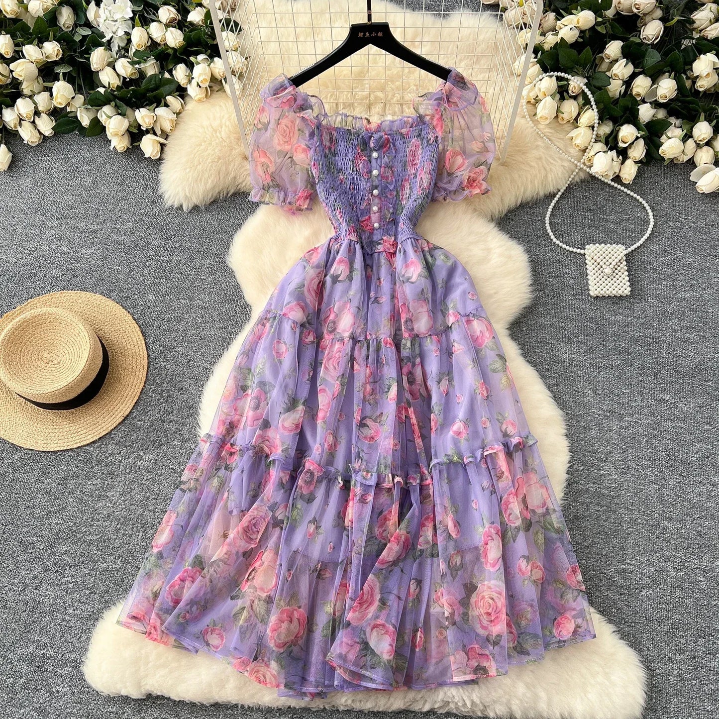 Elegant French Vintage Short Puff Sleeve Chiffon Dresses