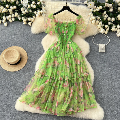 Elegant French Vintage Short Puff Sleeve Chiffon Dresses