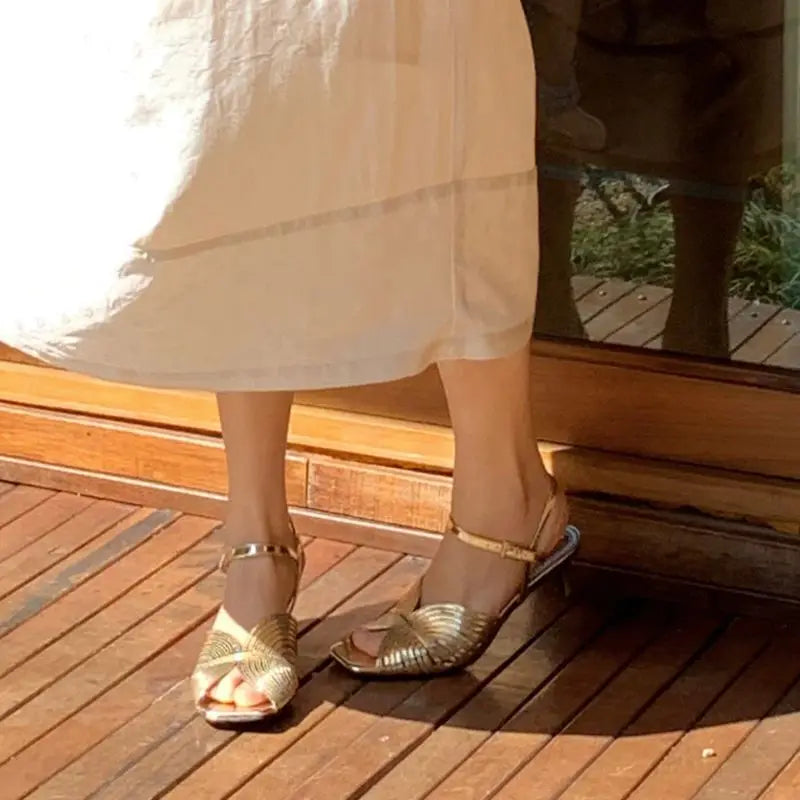 Summer Gold Open Toe Flats with Low Heel