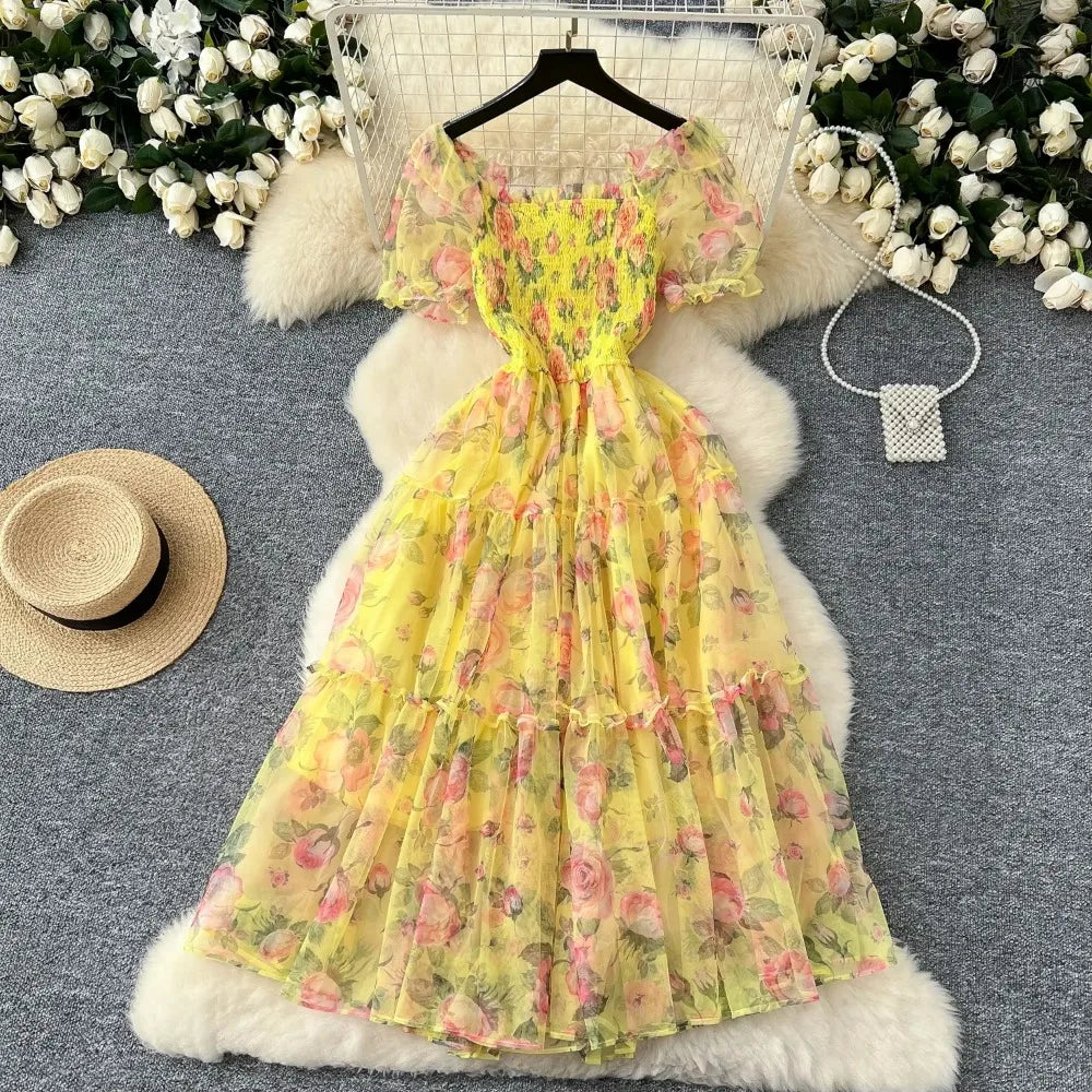 Elegant French Vintage Short Puff Sleeve Chiffon Dresses