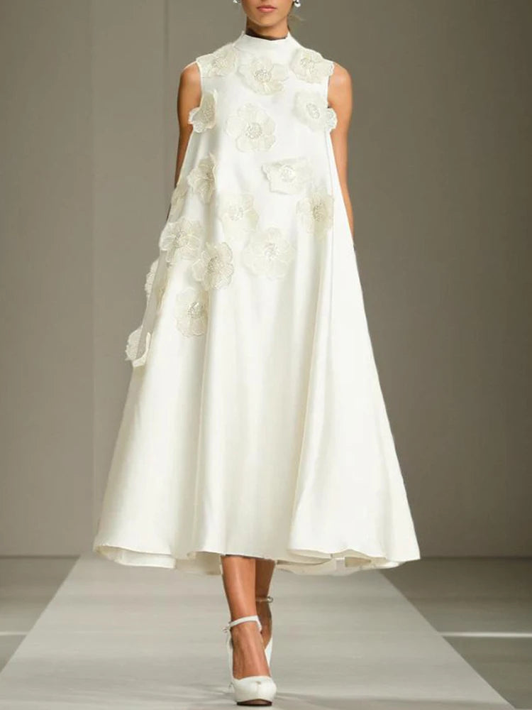 3D Floral Embroidered Flared Sleeveless Designer Dress