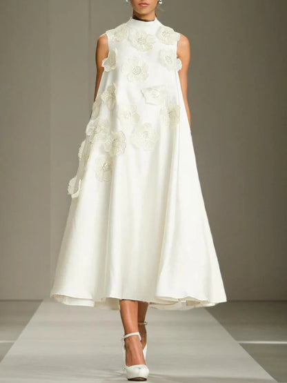 3D Floral Embroidered Flared Sleeveless Designer Dress