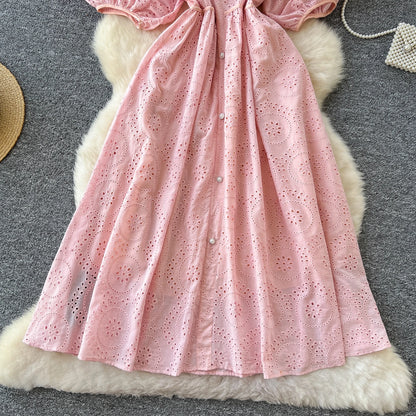 Elegant French Embroidered Vintage Pink Dress