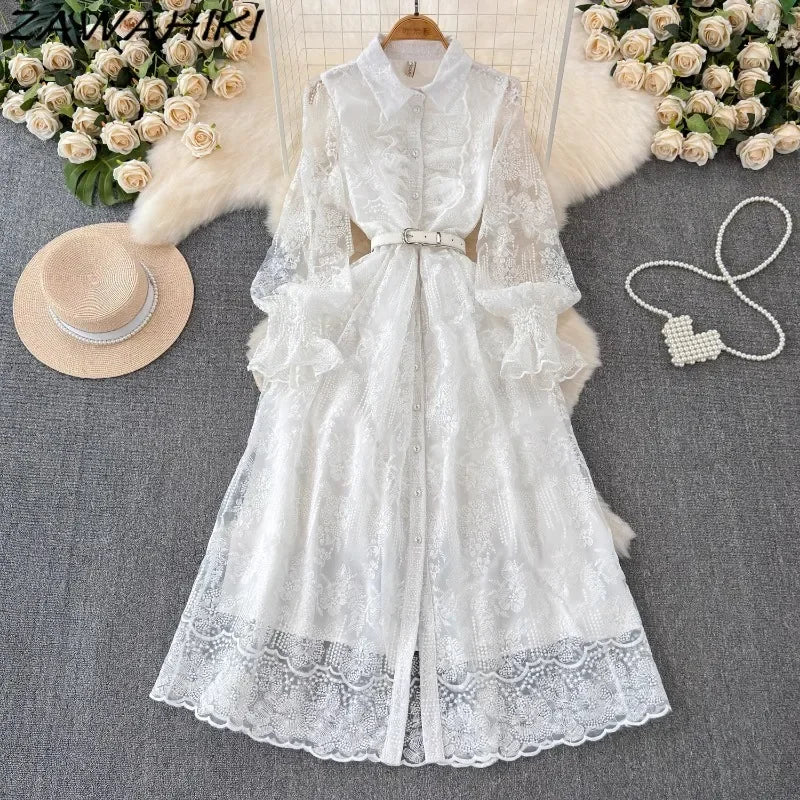 Pleated Lace Vintage White Dress with Ruffles