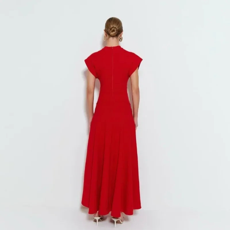 High-Quality O Neck Red Maxi Dress
